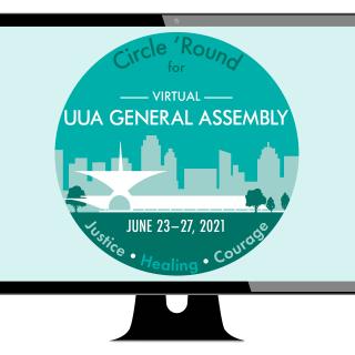 Illustration of a computer with the 2021 UUA General Assembly logo