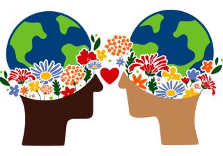 An illustration of two people facing each other. Their minds reflect planet earth and blooming wildflowers of bright colors.