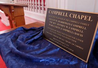 The plaque that will be installed in the newly named Campbell Chapel at the UU Church of Nashua, New Hampshire.