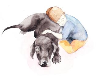 Watercolor illustration of a boy and dog from 'About Death: A Unitarian Universalist Book for Kids'