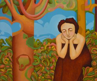 Illustration of woman near a tree
