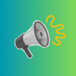 Black-and-white megaphone on a green-and-blue gradient background with a yellow-orange sqwuiggle.