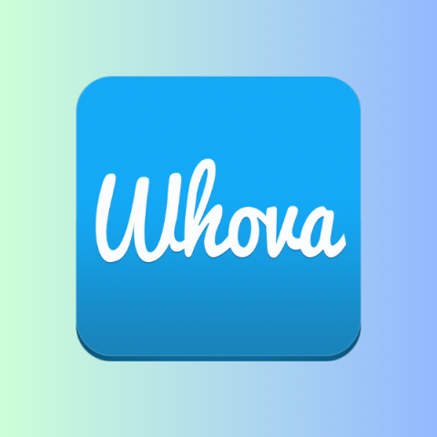 Whova app box logo on a pastel gradient background